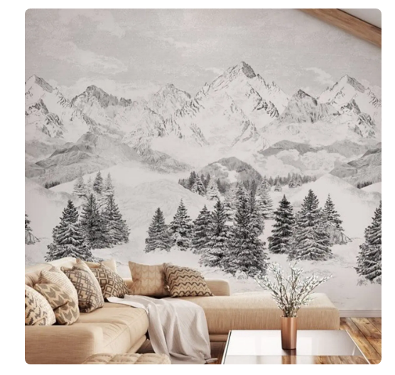 Papier peint panorama intissé paysage gardien, Les Cimes, montagne enneigée Wal Mural, papier peint nordique en noir et blanc
